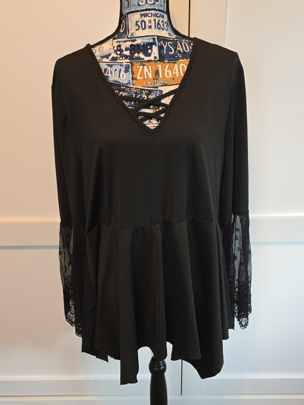 Black Lace-Sleeve Peplum Top - Unknown Brand